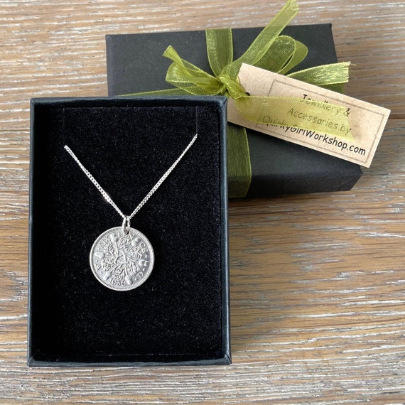 1936 Silver sixpence necklace, sterling silver curb chain, lucky British coin pendant, good luck gift