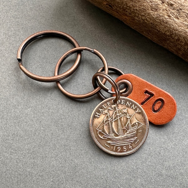 70th birthday gift 1954 British coin keychain, English halfpenny sailing ship keyring, small present