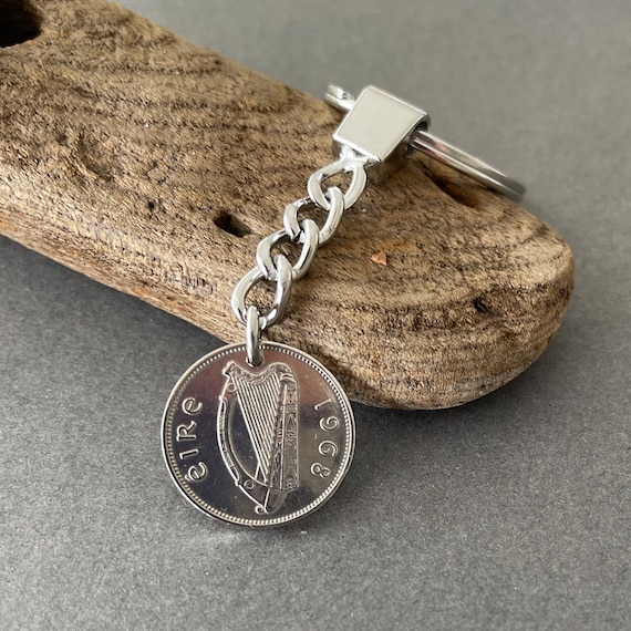1968 Irish sixpence keychain / key ring / clip, a genuine sixpence coin from Ireland, a perfect 56th birthday or anniversary gift