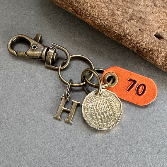 1954 British brass threepence coin clip style key ring, key chain, a great gift for a 70th birthday in 2024, 1954 lucky birth year coin