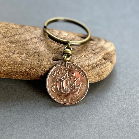 1939 British halfpenny coin keyring or clip a perfect gift for a man or woman on their 85th birthday