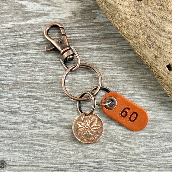 60th birthday gift, 1962 Canadian penny keychain, Canada one cent keyring maple leaf lucky coin clip, 60th anniversary present