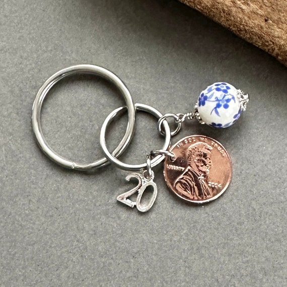 20th birthday gift, American Anniversary gift, 2004 USA penny coin key ring with a china bead charm to represent the China anniversary