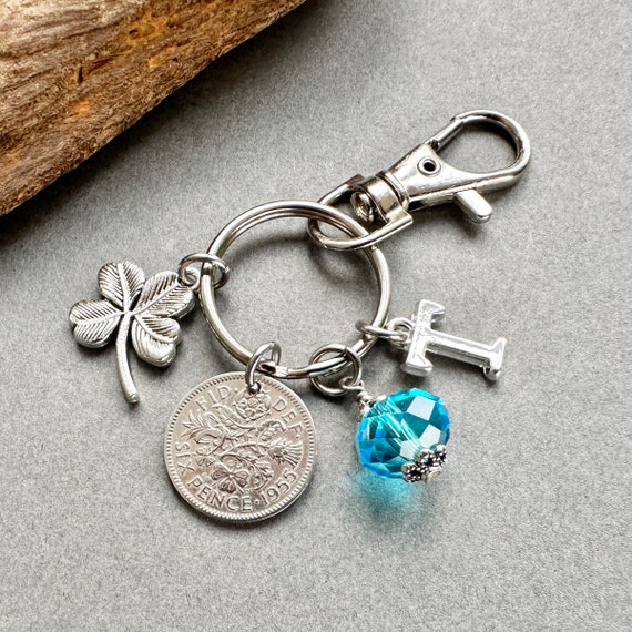 1955 lucky sixpence birthstone charm or bag clip, personalised gift, choose initial and birthstone colour, 69th birthday gift