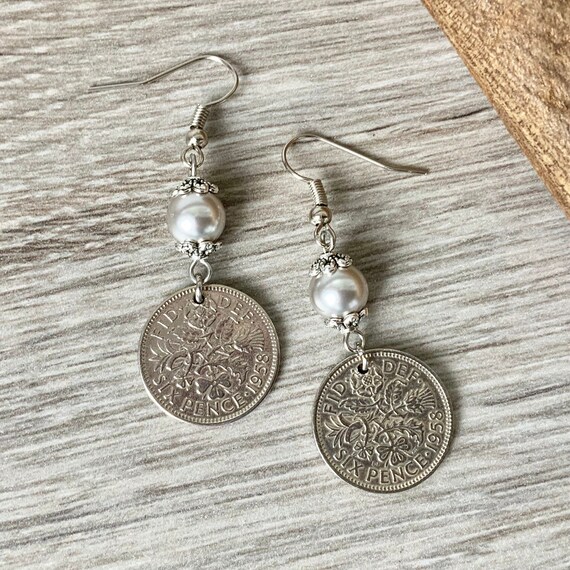 A pair of Lucky British sixpence and faux pearl earrings choose coin year 1953 - 1967