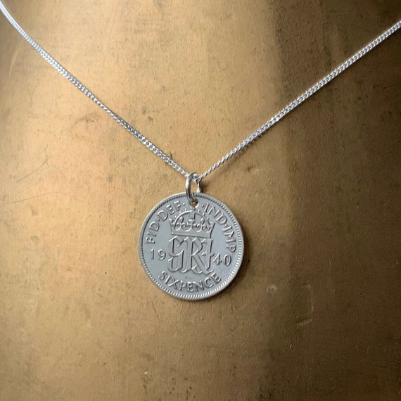 1940 lucky sixpence pendant necklace, on a fine sterling silver curb chain