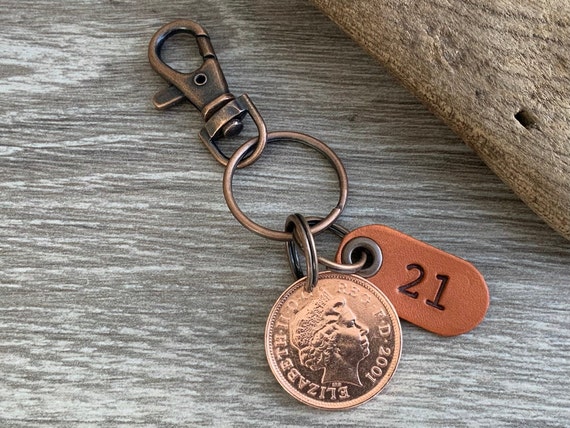 21st birthday or anniversary gift, 2001 UK two pence coin keychain, keyring or clip with a leather number 21 tag