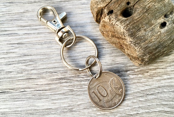 Australian 10 cent coin keyring, keychain or clip, choose Australia coin year for a perfect birthday gift or anniversary present