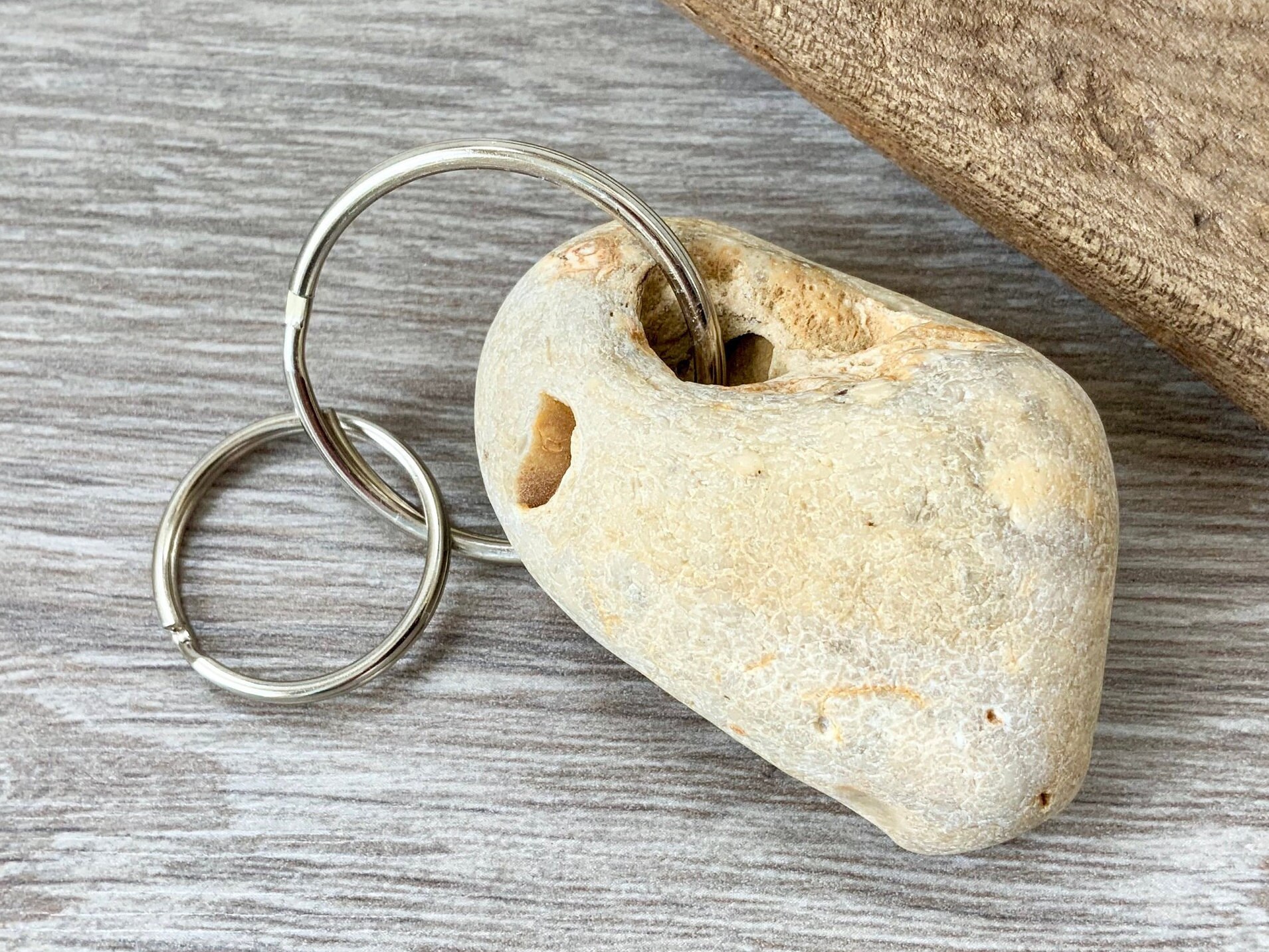 Large hag stone key ring, rock with a natural hole key chain, found