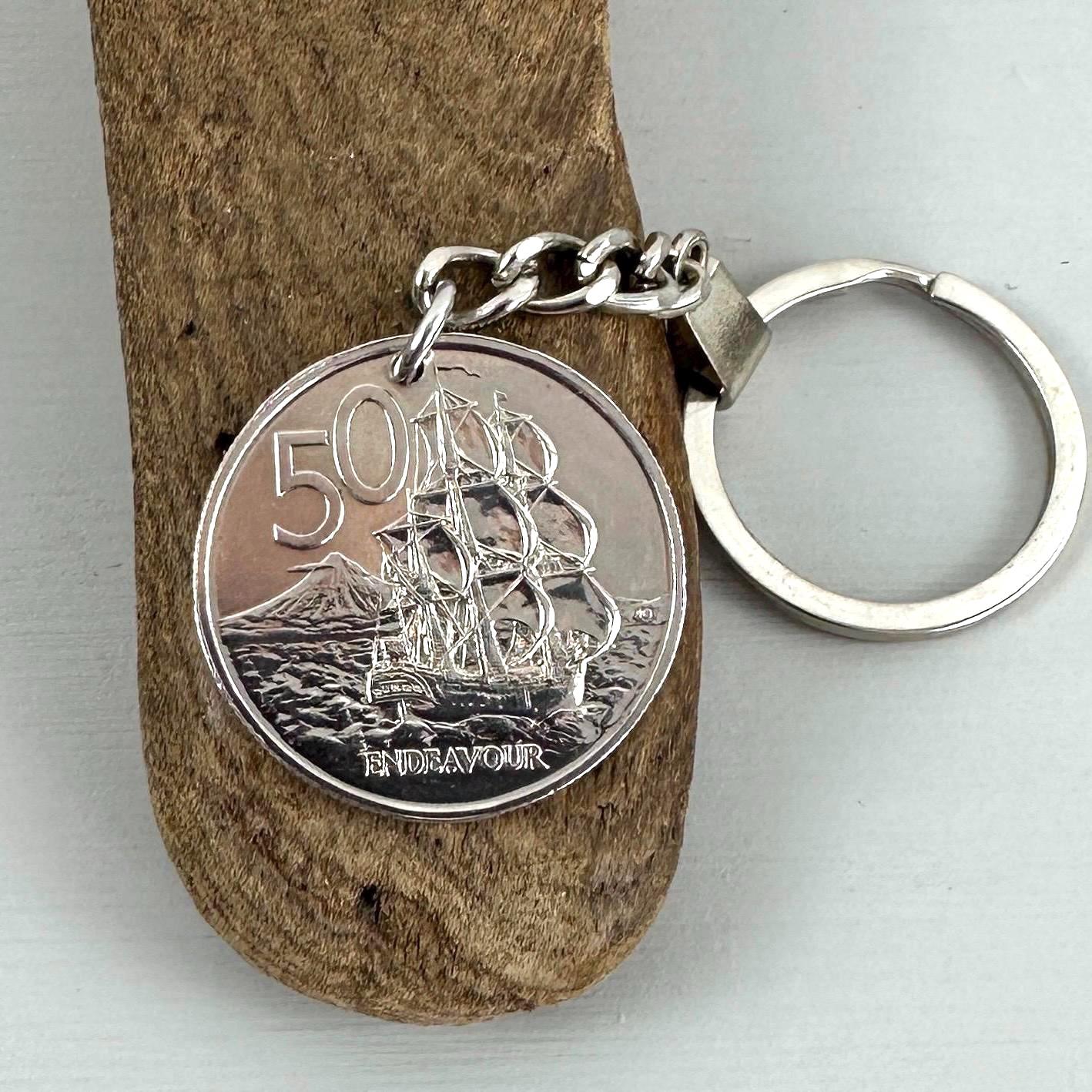 50th Birthday Gift, 1976 New Zealand 50 Cent Coin Keyring: HMS