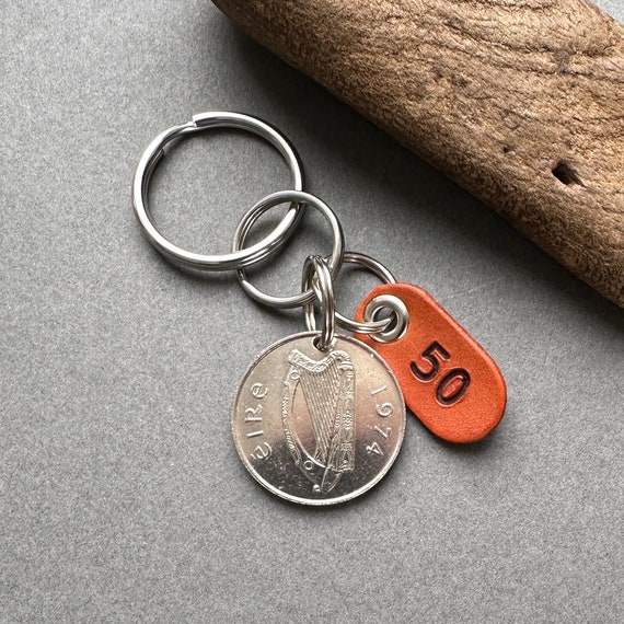 50th Irish birthday or anniversary gift, 1974 Ten pence coin from Ireland choose between a keychain, keyring or clip