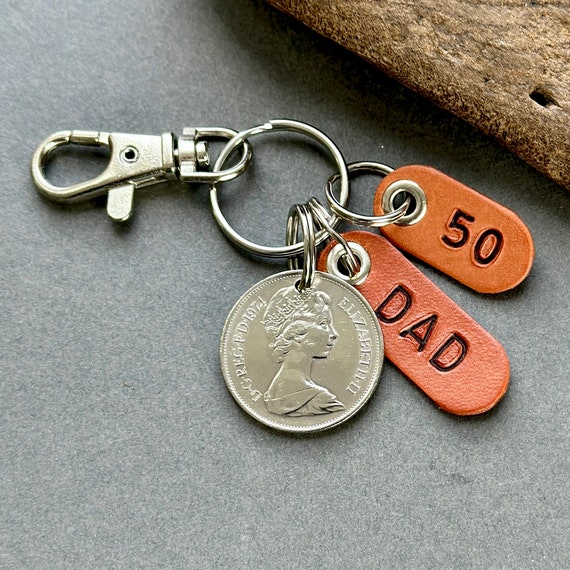 50th birthday gift for dad, a 1974 British ten pence coin keyring or clip, 50 years old father