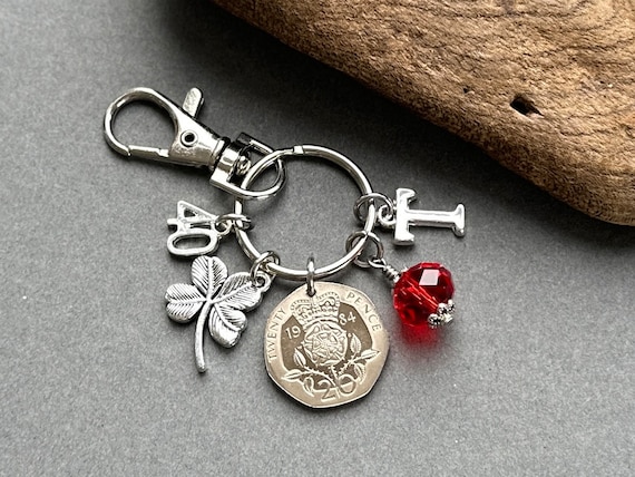 40th birthday gift, 1984 British 20 pence coin bag charm clip with a choice of birthstone and initial