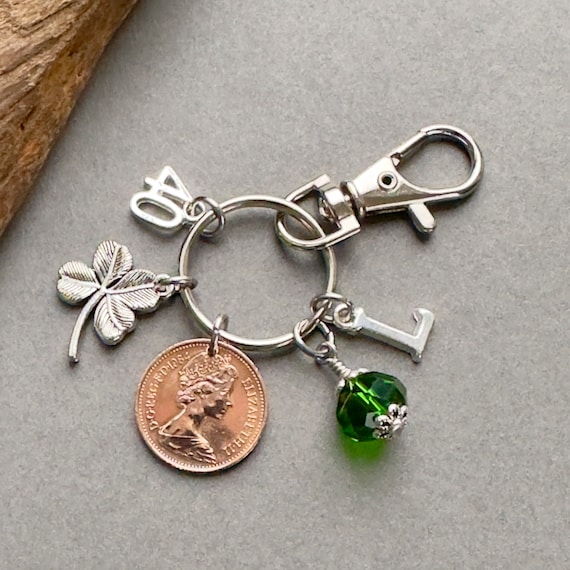 40th birthday gift, 1984 British coin bag clip charm, British lucky penny one new pence with a choice of initial and colour birthstone