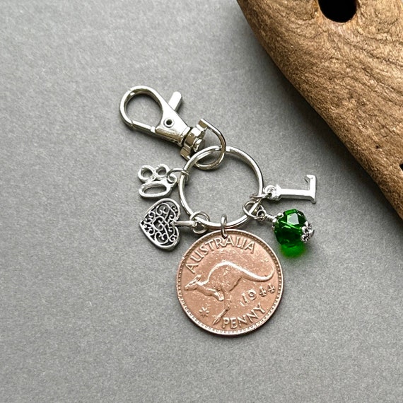 Australian 80th birthday birthstone gift, 1944 Australia penny charm, bag clip key ring, choose initial and birthstone colour