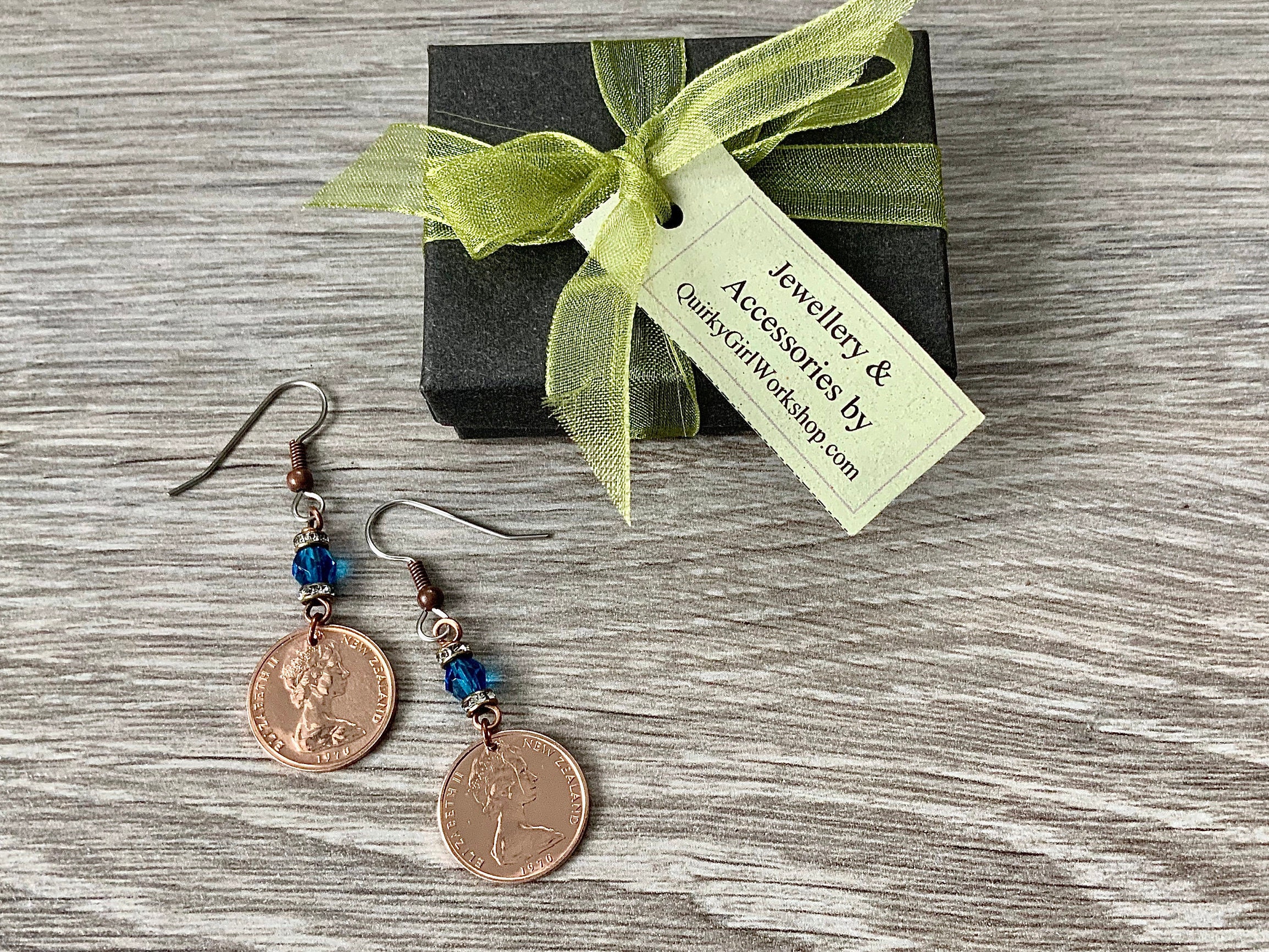 50th birthday gift, 1970 New Zealand pretty coin earrings