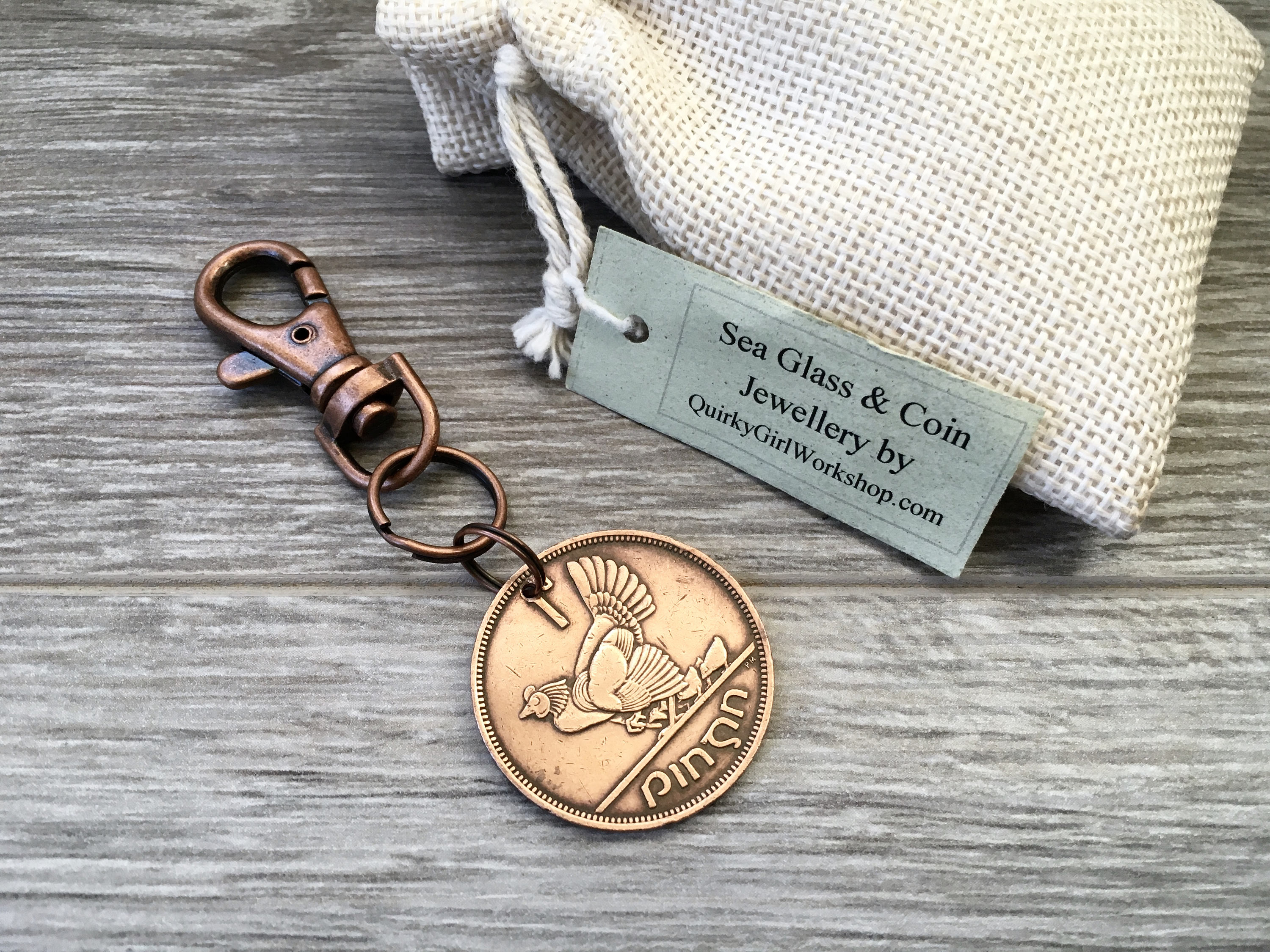 72nd birthday gift, 1946 Old Irish big penny keyring, harp, St Patrick