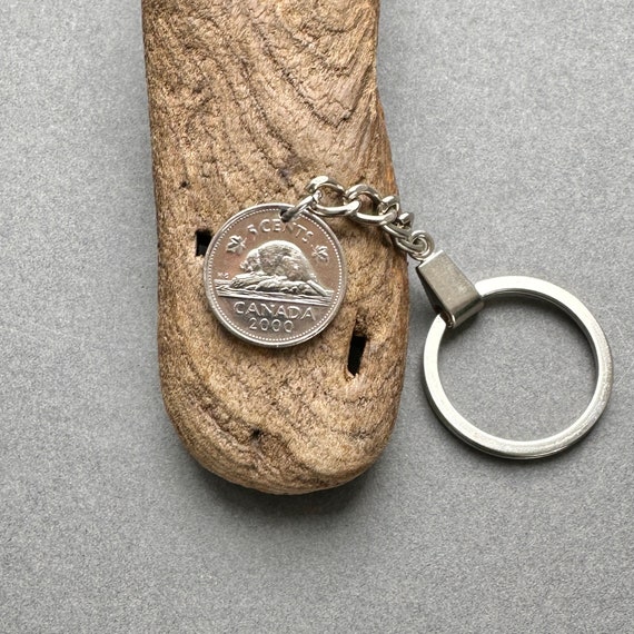 2000 Canadian five cent coin keychain canada 5c keyring beaver 24th birthday or  anniversary present for a man or woman