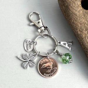 1944 Wren Farthing Charm: Personalised Initial & Birthstone, 82nd Birthday Gift