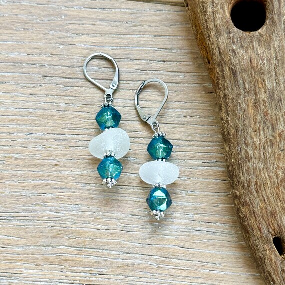 Mermaid earrings, Cornish sea glass, beach glass jewellery, teal glass bead stainless steel lever back ear hooks, gift for her, woman, wife