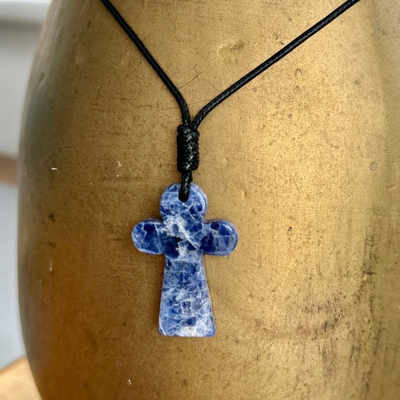 Sodalite Cross adjustable necklace on black cord, long blue gemstone cross pendant