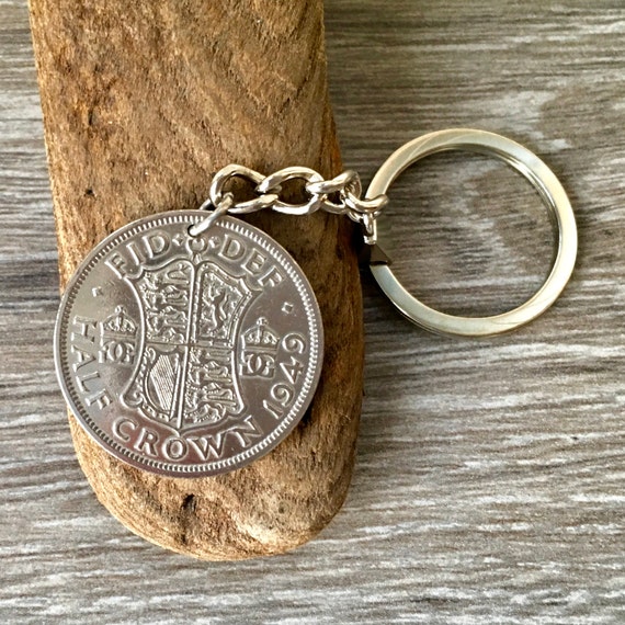 UK half crown coin keyring, keychain, 1949, 1950 or 1951, choose coin year for a 73rd, 74th or 75th birthday gift or retirement present