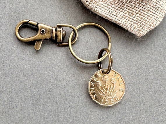 1950 British threepence keyring clip, a perfect 74th birthday gift for someone born in 1950