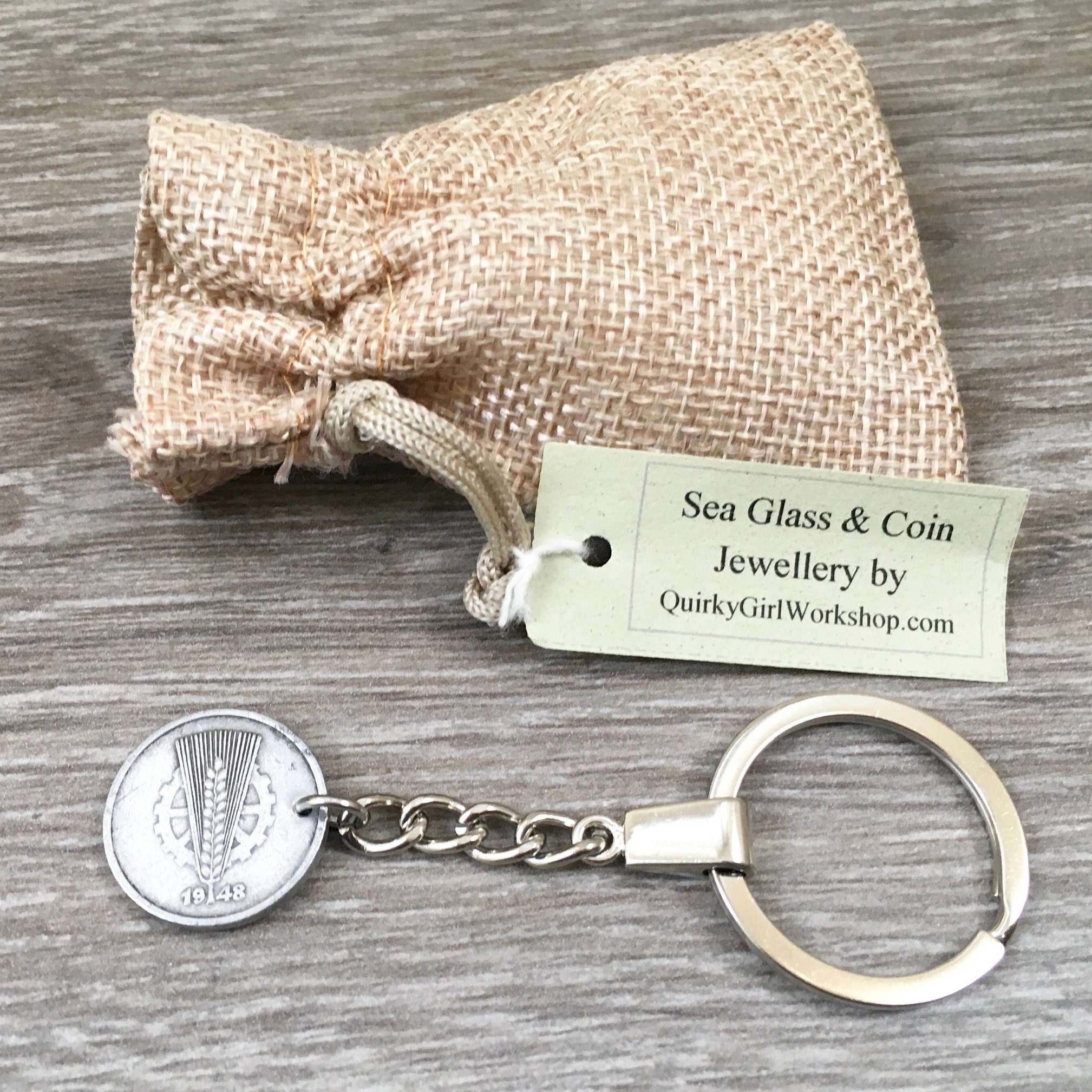 70th birthday gift, 1948 German coin key ring, Germany key chain, 10 pfennig, anniversary