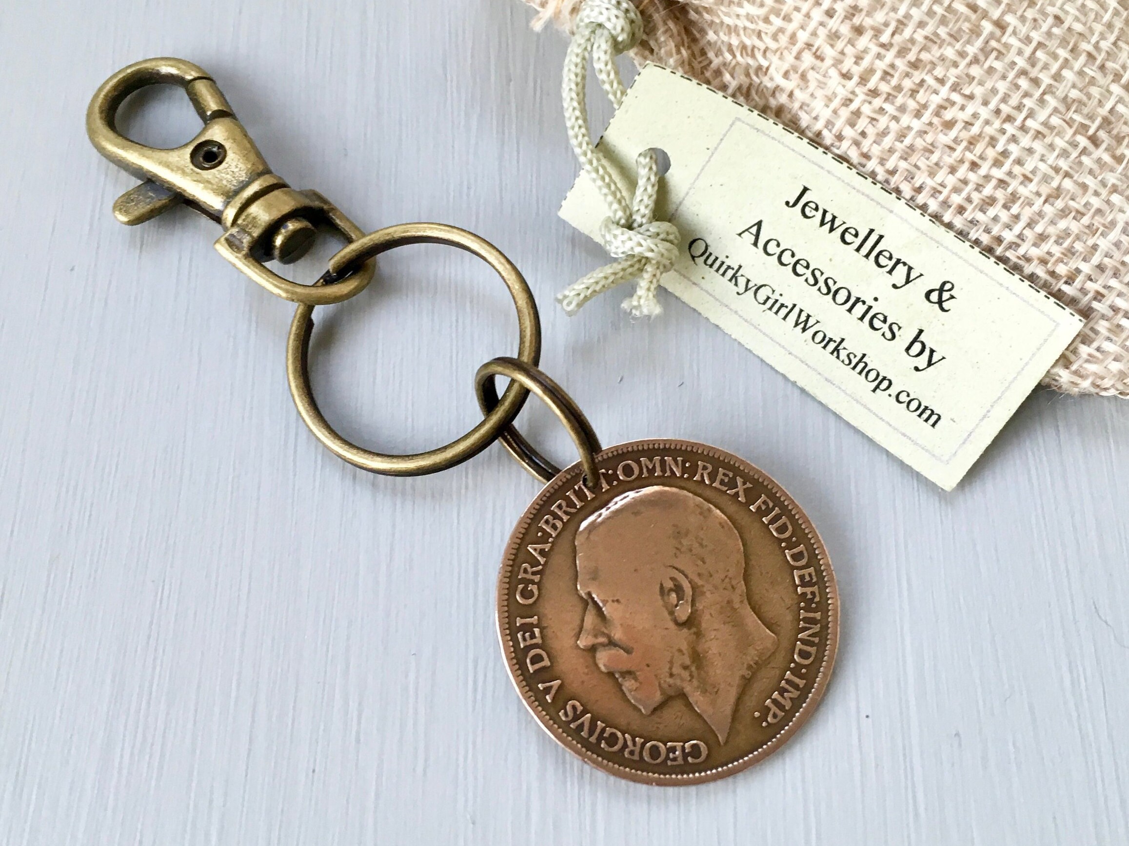 1919 English penny keyring, UK vintage 102 year old coin keychain
