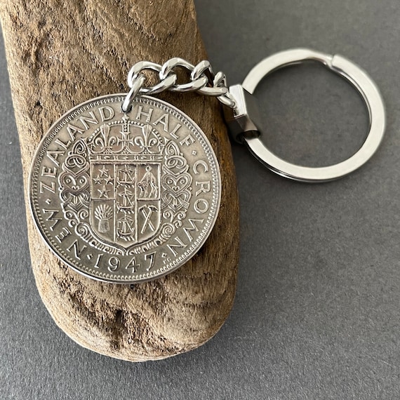 1947 New Zealand coin keyring, keychain, New Zealand half crown key fob, a perfect birthday gift