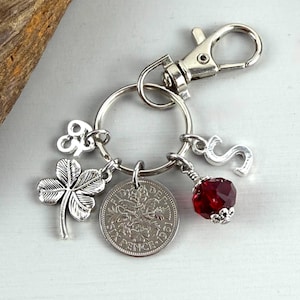 65th Birthday Gift: 1961 Sixpence Keychain with Initial & Birthstone