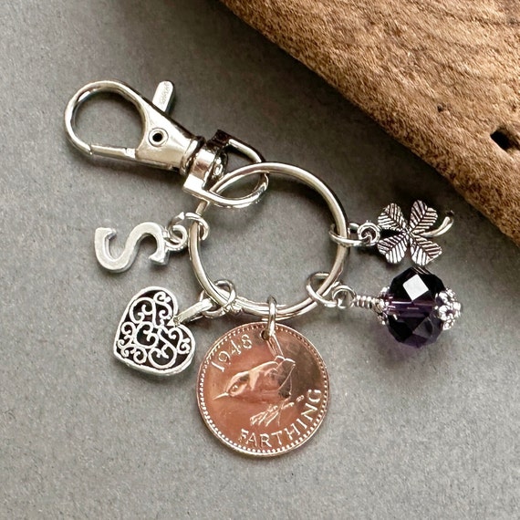 1948 farthing charm clip to clip on a bag, purse or keys, personalised gift, choose initial and birthstone colour, 76th birthday gift,