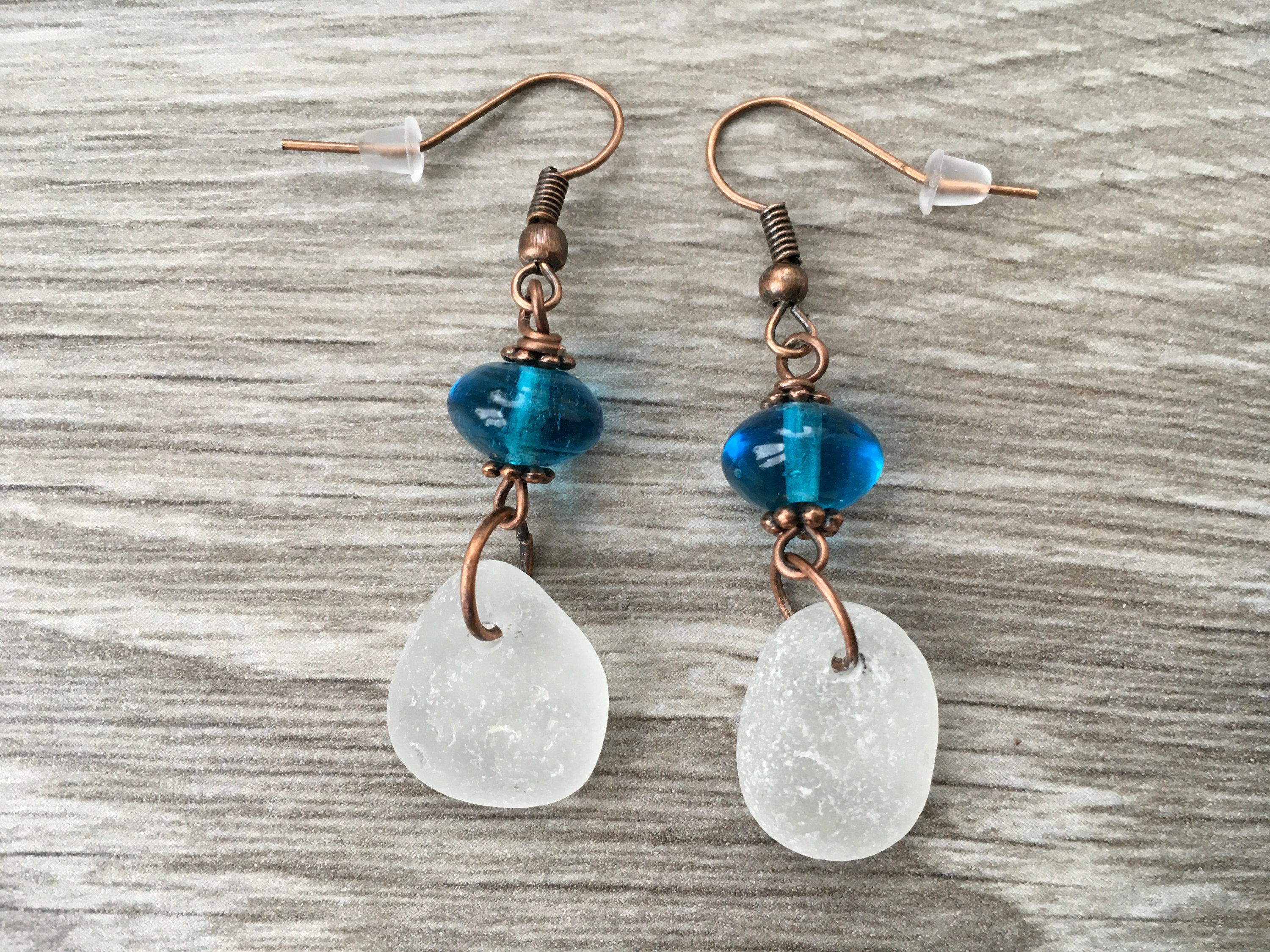 Sea glass earrings with blue glass bead, unusual gift, beach glass