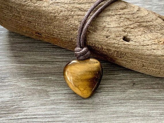 Tigers eye heart adjustable necklace on a waxed cotton cord, simple boho gemstone jewellery