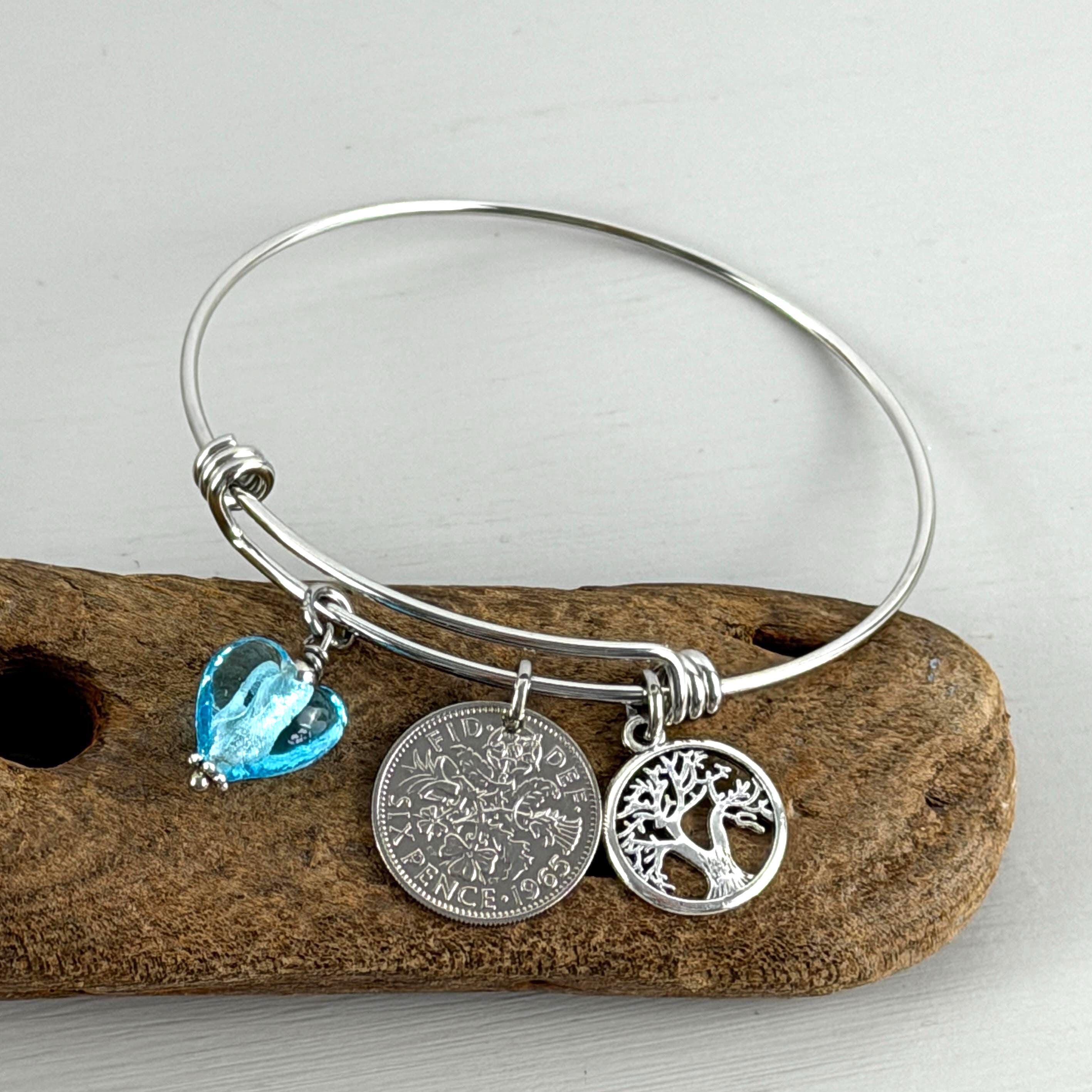 Lucky Sixpence Stainless Steel Bangle: Birth Year Coin, Tree of
