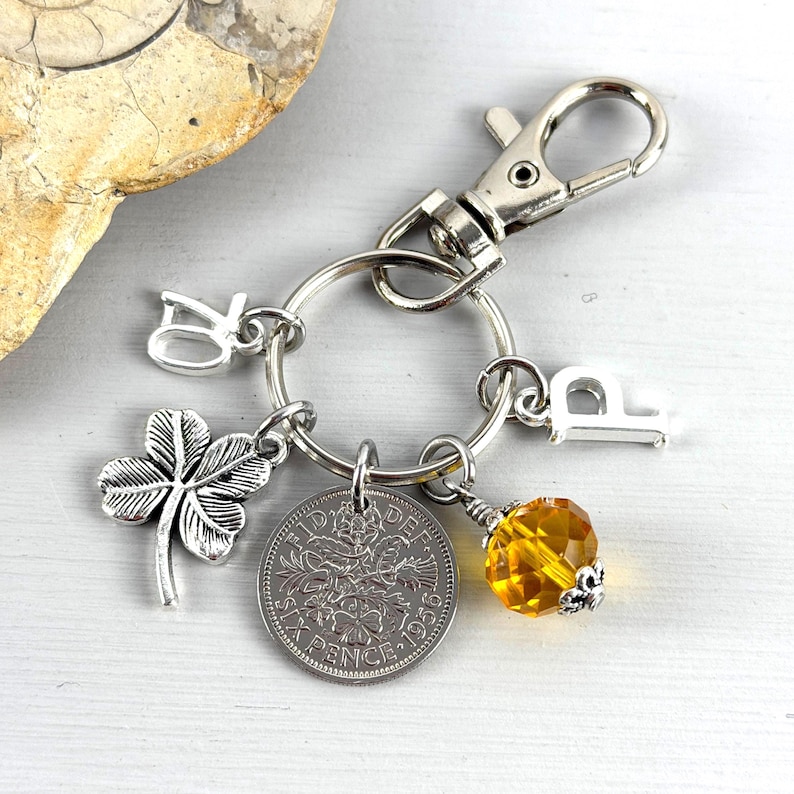70th birthday 1956 sixpence charm, bag clip, personalised gift, choose initial & birthstone colour, for a 70th birthday in 2026 image 5