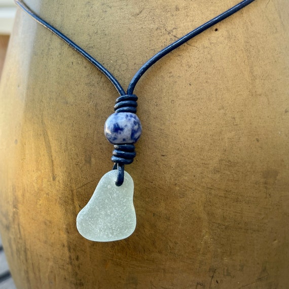 Natural sea glass and blue spot Jasper pendant, Cornish beach glass unisex boho necklace, bohemian jewellery, blue calming gemstone