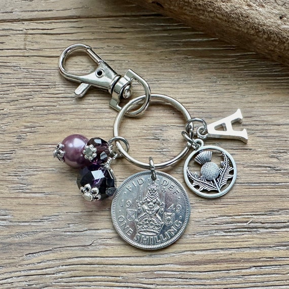 Scottish shilling and thistle charm clip style key ring, bag charm choose initial and coin year for a personalised birthday anniversary gift