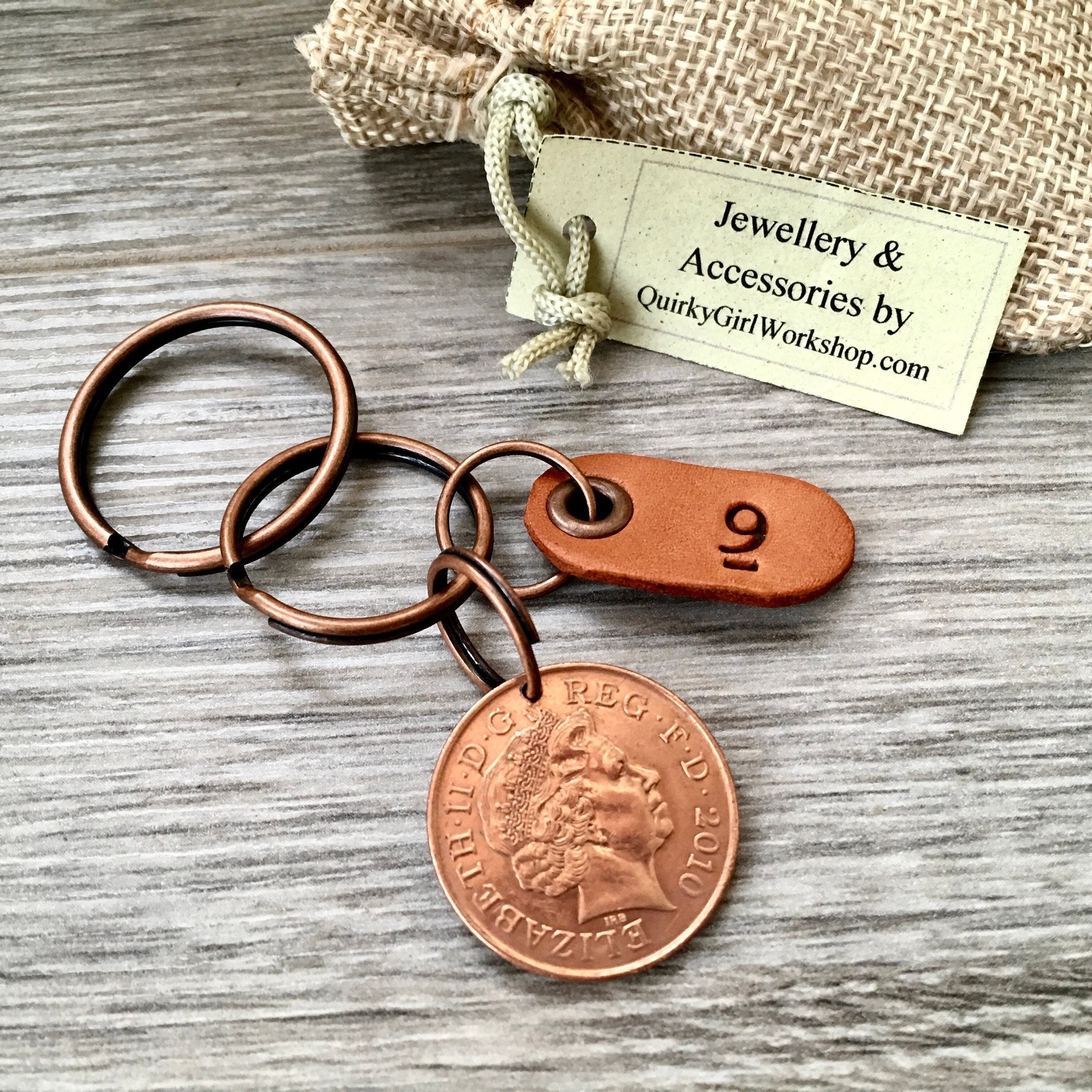 9th anniversary gift, 2010 or 2011 coin keyring, keychain, wedding, copper 9th anniversary
