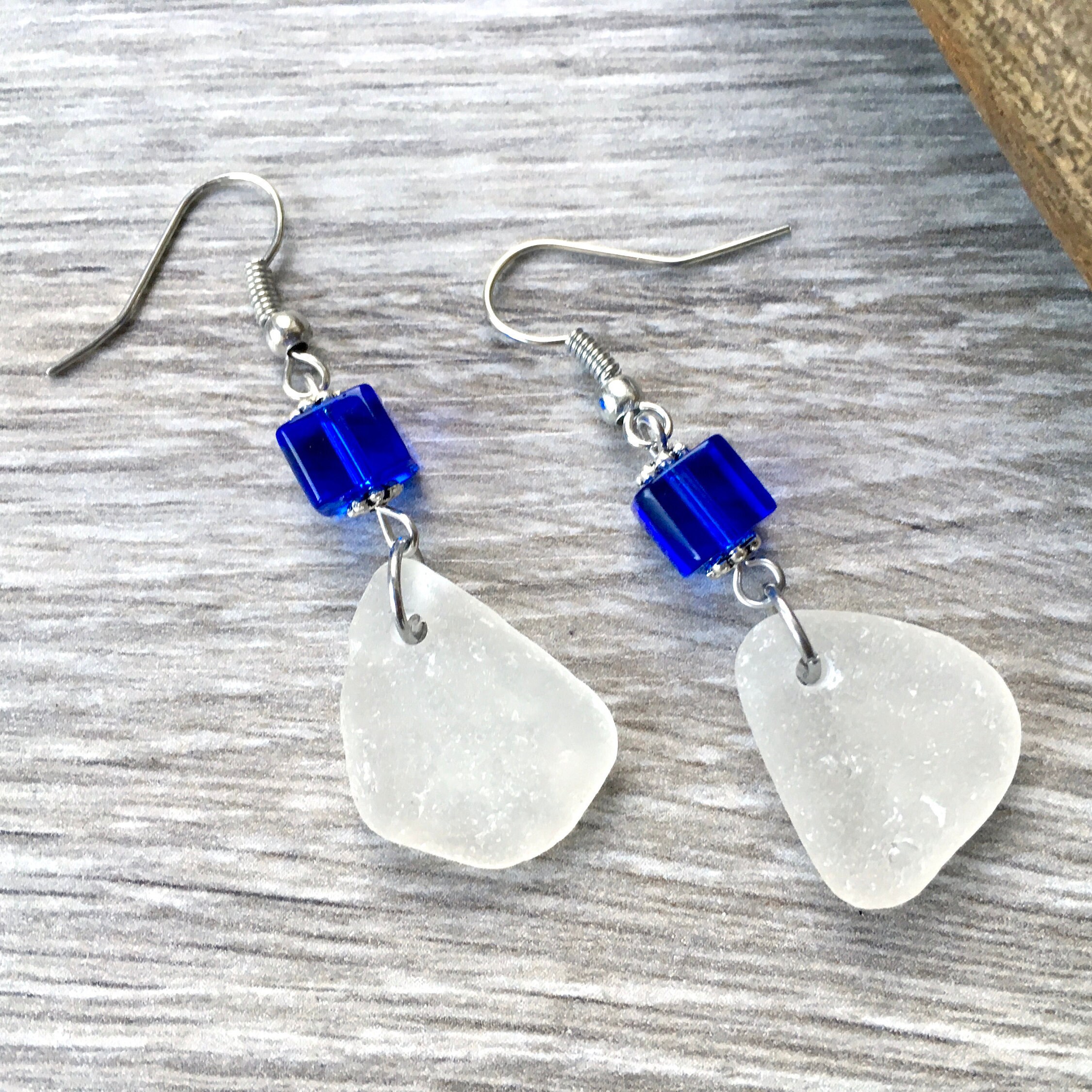 Natural sea glass earrings, cobalt blue earrings, English beach glass