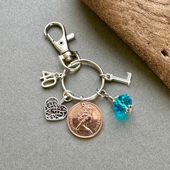 40th personalised birthday gift, 1984 British lucky penny bag clip charm, British coin with a choice of initial and colour birthstone