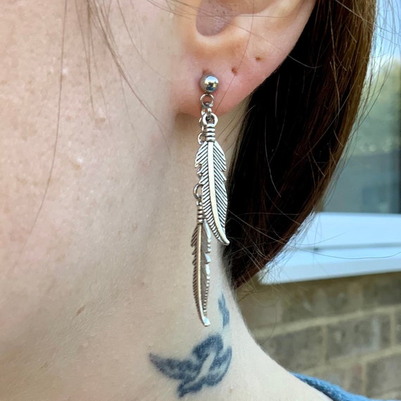 Double feather stud post dangle earring, available as single earring or a pair of earrings, boyfriend gift, girlfriend gift