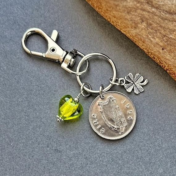 70th birthday gift, 1954 Irish coin clip, zipper charm, 1954 shilling from Ireland