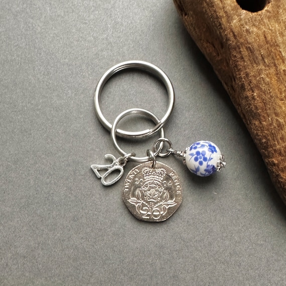 20th Anniversary gift, 2004 British twenty pence coin keyring or clip with a china bead charm, China anniversary gift,