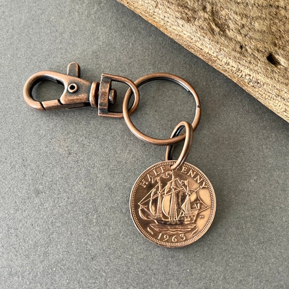 1963 British half penny keyring clip, choose coin year, 61st birthday or anniversary, retirement gift for a man or woman