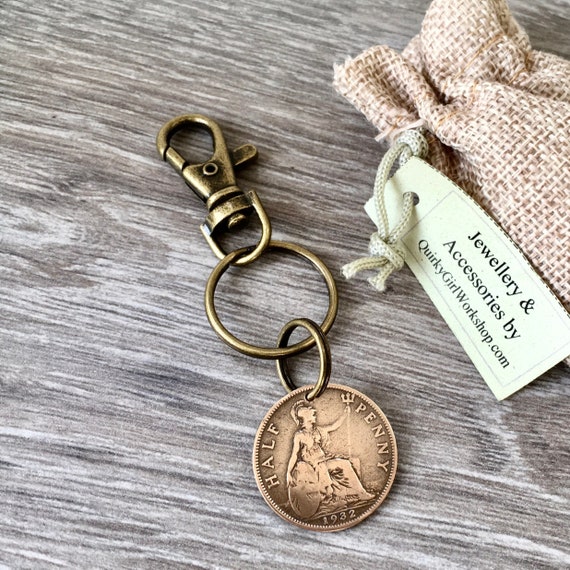 1932 British half penny coin clip, a great 91st birthday gift for a man or woman, can be clipped to keys, bag or anything