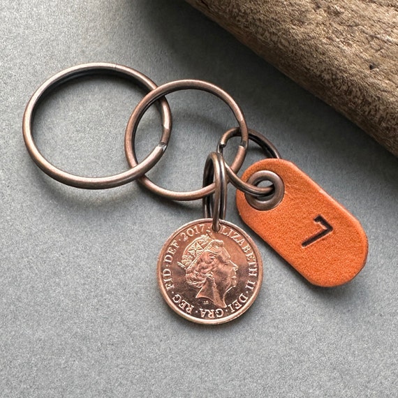 7th anniversary gift, wedding anniversary, seven 7 years together 2017 One pence coin keyring, lucky penny key chain or clip