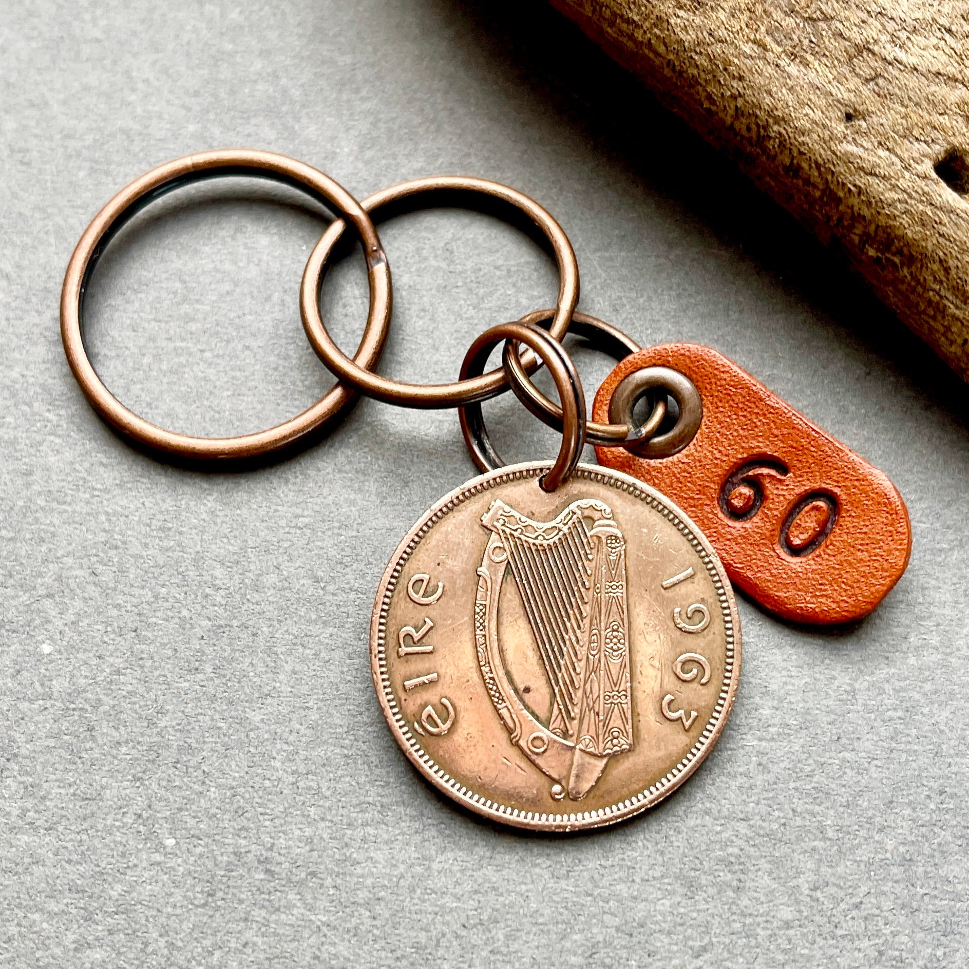 QuirkyGirlWorkshop 60th Birthday Gift, 1964 Irish Shilling Key Chain, Keyring or Clip, A Perfect 60th Anniversary Gift, for Some Who's Heart Is in Ireland