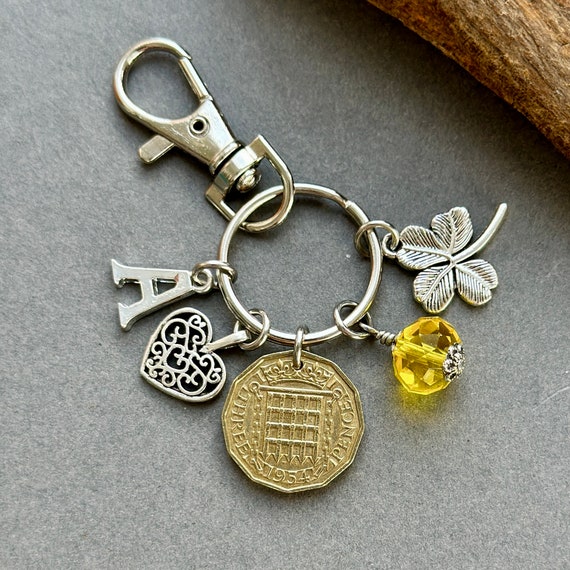 70th birthday gift, 1954 threepence charm or bag clip, personalised gift, choose initial and birthstone colour