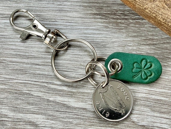 Irish coin and shamrock keyring or clip, choose coin year 1993, 1994, 1995,  1996 or 2000 Ireland birth year coin